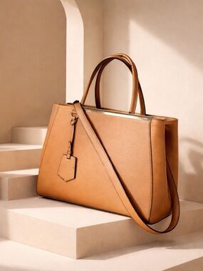 Fendi 2Jour Tote Handbag in Tan Leather-Style Finish.